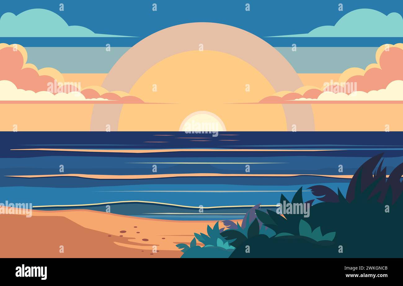 Design plat de l'eau de mer bleue sur la plage avec Big Sun en été Illustration de Vecteur