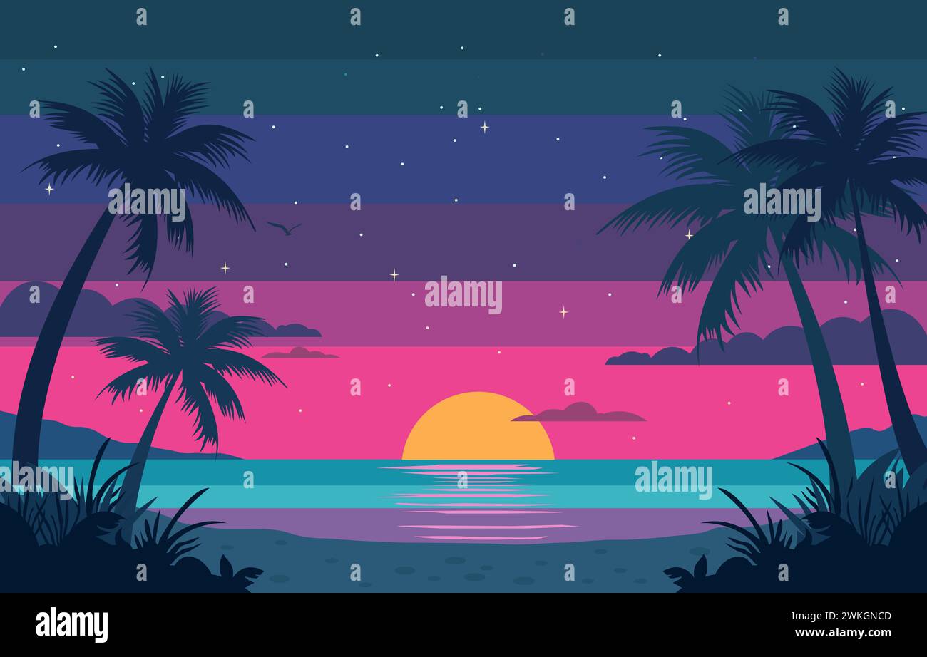 Design plat de beau coucher de soleil à la plage avec ciel nocturne coloré et palmier Illustration de Vecteur