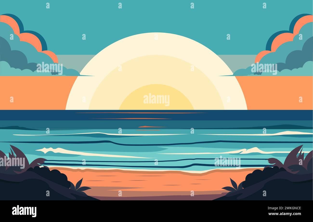 Design plat de l'eau de mer bleue avec Big Sun sur la plage Illustration de Vecteur