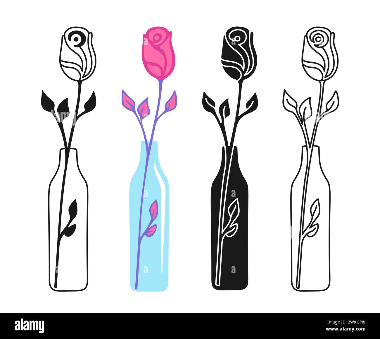 Symbole de dessin animé rose de fleur et doodle, ensemble stylisé de timbre. Rose romantique signe de conception simple pour carte de voeux, invitation, bannière, tatouage. Carte postale de Saint-Valentin de vecteur dessinée à la main abstraite Illustration de Vecteur