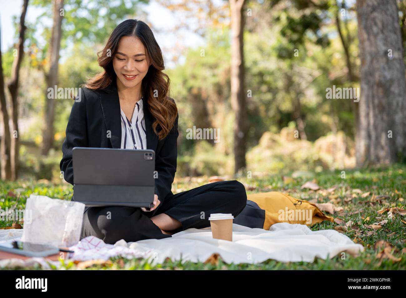 Une femme d'affaires asiatique positive et attrayante travaillant à distance dans un parc, travaillant sur sa tablette numérique sur un tapis de pique-nique. Banque D'Images