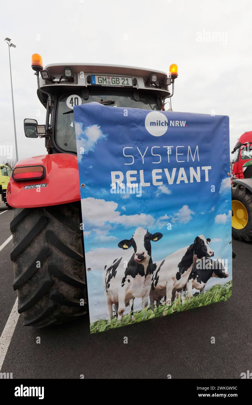 Affiche avec des vaches laitières et l'écriture Systempertinent sur un tracteur, les manifestations des agriculteurs, la manifestation contre les politiques du gouvernement des feux de circulation Banque D'Images