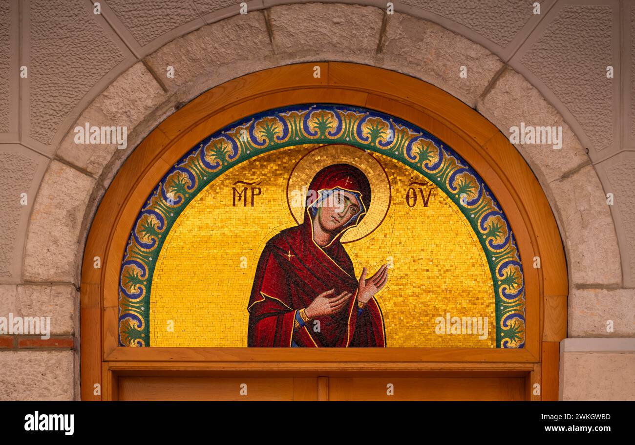 Gros plan, mosaïque murale, Katholikon, Monastère de St Theodora, Thessalonique, Macédoine, Grèce Banque D'Images
