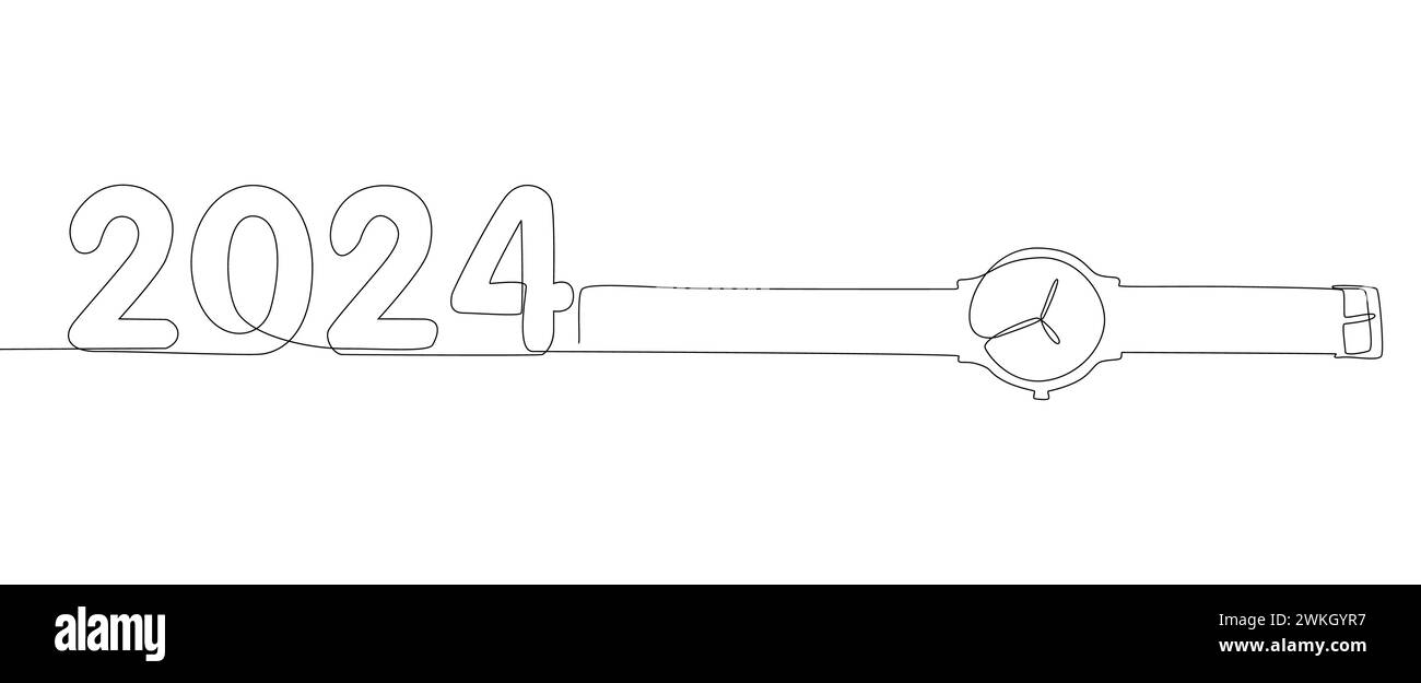 Une ligne continue de montre-bracelet avec le numéro 2024. Concept vectoriel d'illustration de ligne mince. Contour Drawing idées créatives. Illustration de Vecteur