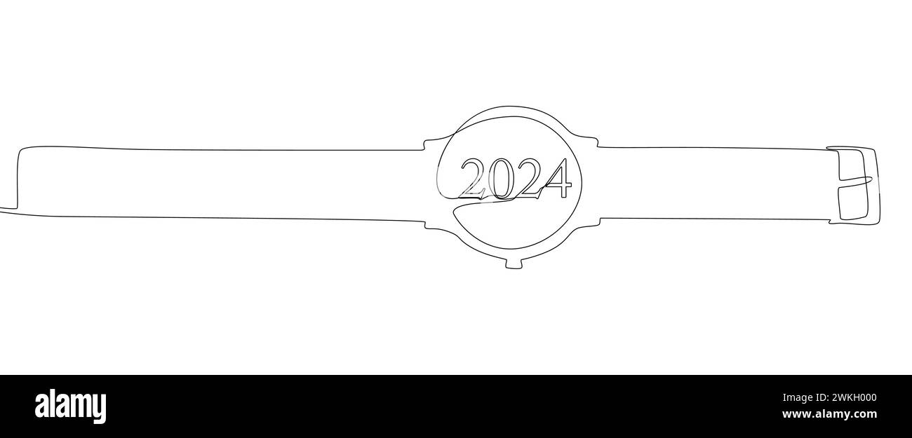 Une ligne continue de montre-bracelet avec le numéro 2024. Concept vectoriel d'illustration de ligne mince. Contour Drawing idées créatives. Illustration de Vecteur