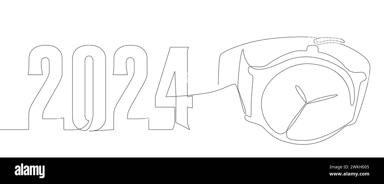 Une ligne continue de montre-bracelet avec le numéro 2024. Concept vectoriel d'illustration de ligne mince. Contour Drawing idées créatives. Illustration de Vecteur