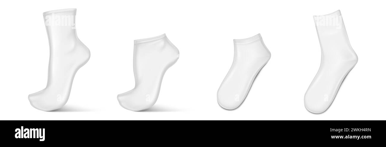 Chaussettes blanches vierges de différentes hauteurs maquette 3D. Ensemble d'illustration vectorielle réaliste d'orteils bas et moyens sur pied invisible et couché à plat isolé. Vide modèle de chaussures de vêtements en tissu simple. Illustration de Vecteur