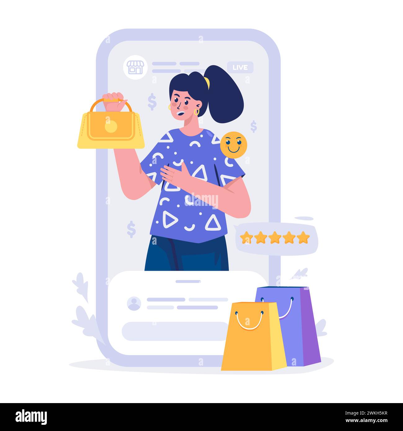 Diffusion en direct des avis sur les produits avec une illustration de classement cinq étoiles Illustration de Vecteur Diffusion en direct des avis sur les produits avec une illustration de classement cinq étoiles Illustration de Vecteur