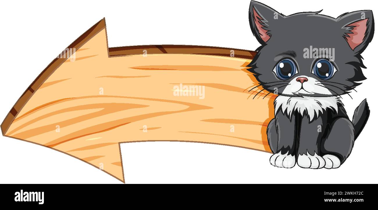 Adorable chaton de dessin animé à côté d'un signe de flèche vide. Illustration de Vecteur