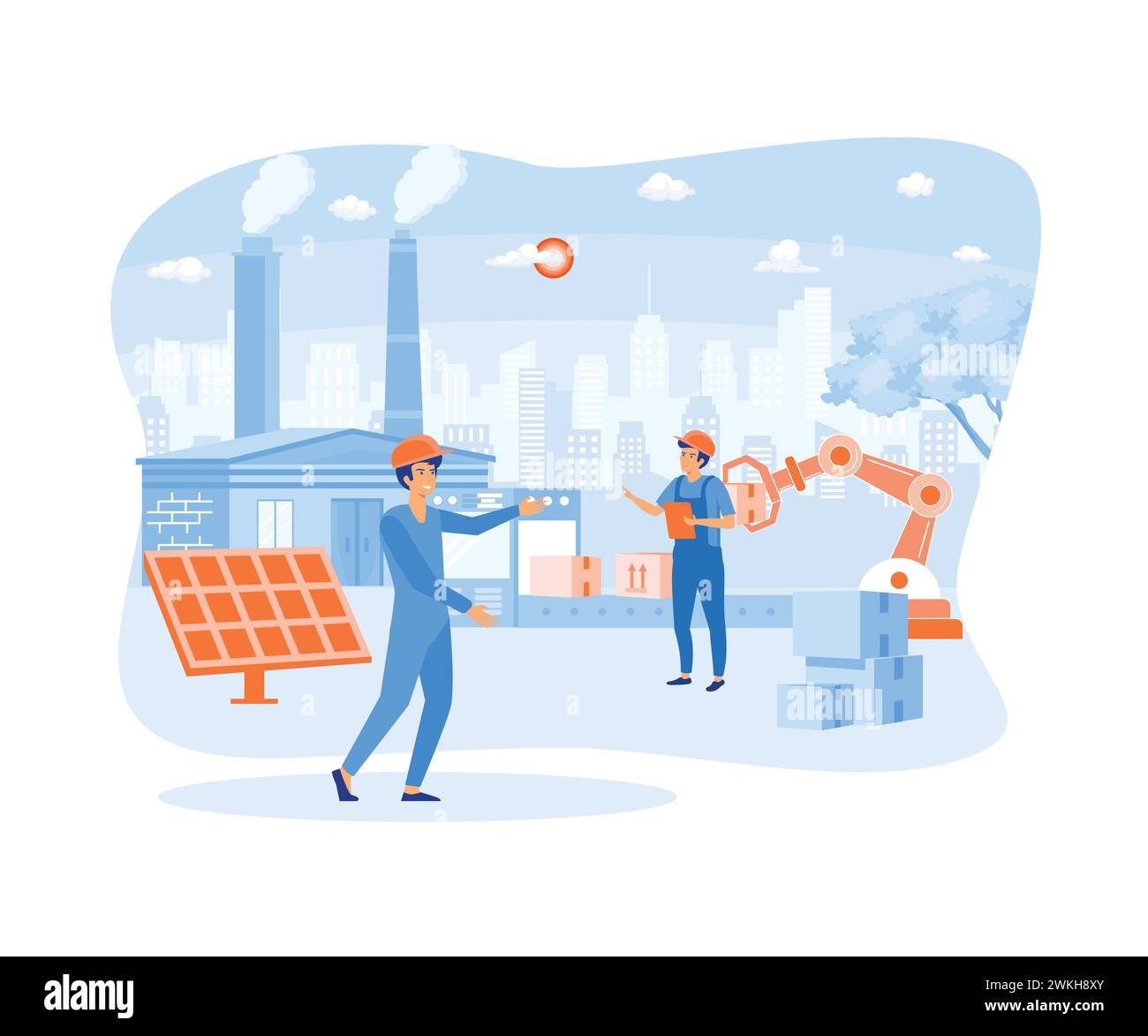 Ingénieur travaillant avec une interface interactive. Industrie intelligente, fabrication innovante.illustration moderne vectorielle plate Illustration de Vecteur