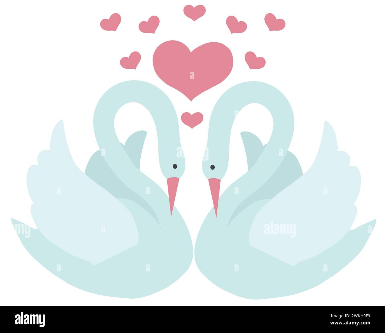 Une paire de cygnes blancs et de coeurs roses venant d'eux. Style dessin animé. Illustration vectorielle isolée sur fond blanc. Illustration de Vecteur