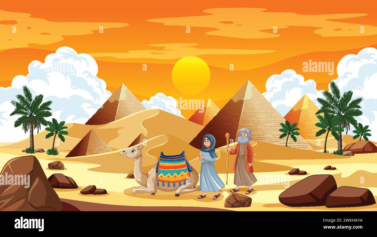 Illustration d'Egyptiens avec chameau près des pyramides. Illustration de Vecteur