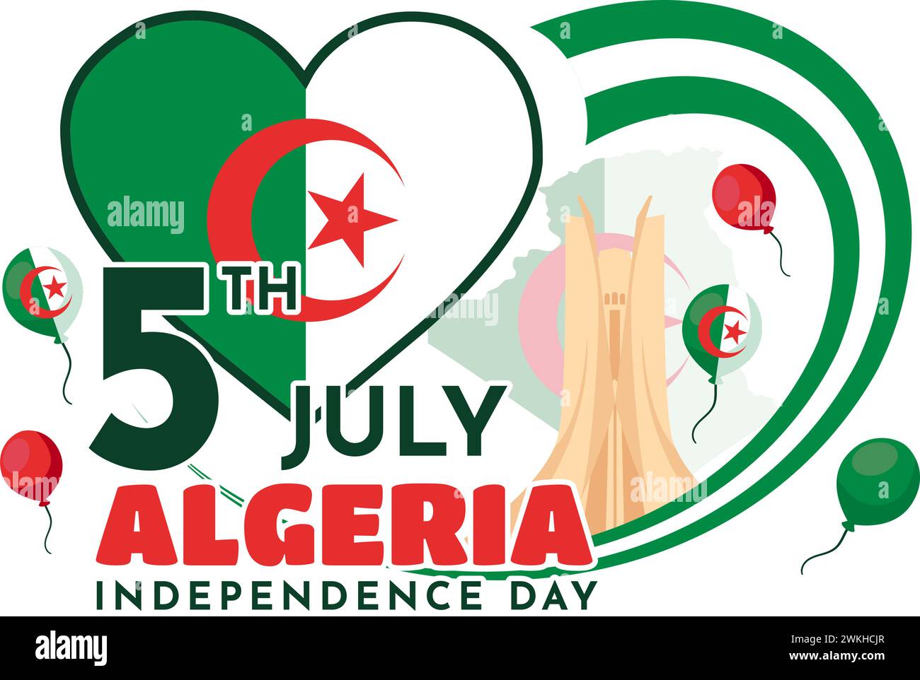 Bonne illustration vectorielle du jour de l'indépendance de l'Algérie avec drapeau ondulant et carte dans la conception de fond de dessin animé plat de fête nationale Illustration de Vecteur