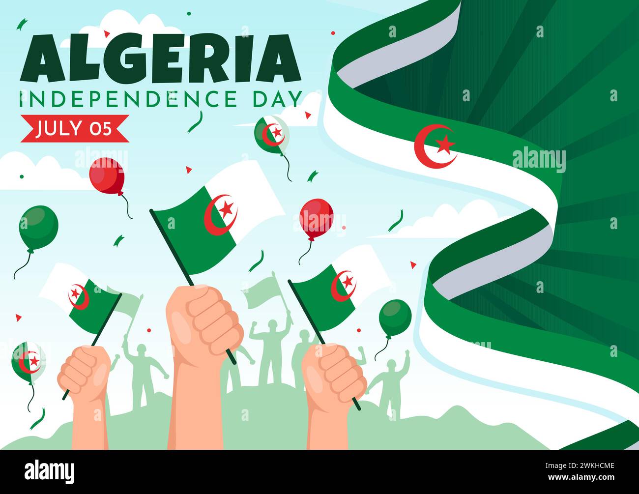 Bonne illustration vectorielle du jour de l'indépendance de l'Algérie avec drapeau ondulant et carte dans la conception de fond de dessin animé plat de fête nationale Illustration de Vecteur