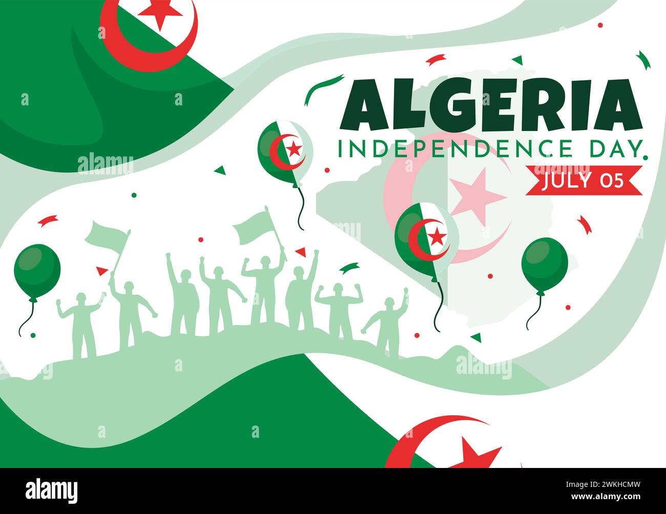 Bonne illustration vectorielle du jour de l'indépendance de l'Algérie avec drapeau ondulant et carte dans la conception de fond de dessin animé plat de fête nationale Illustration de Vecteur