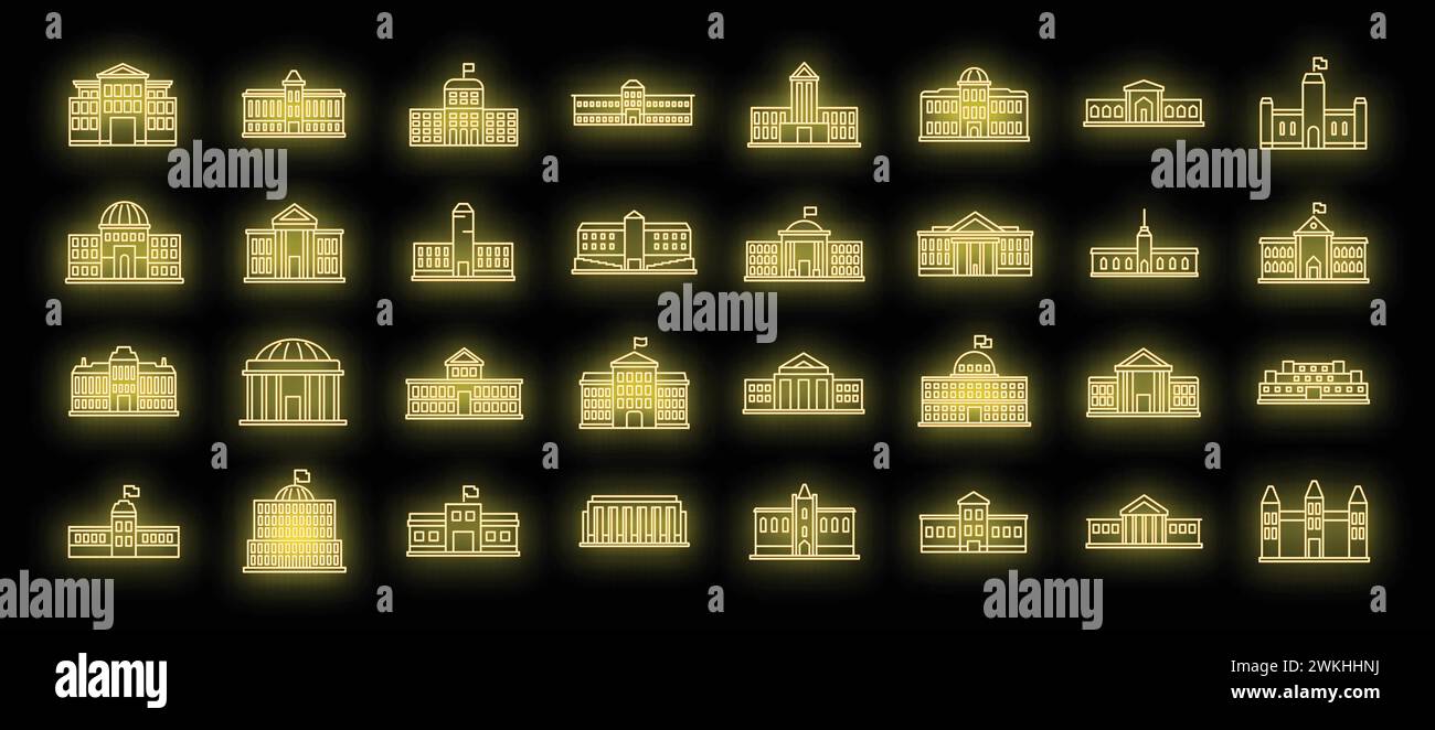 Icônes du bâtiment du Parlement. Ensemble de contour d'icônes vectorielles de bâtiment de parlement couleur néon sur noir Illustration de Vecteur