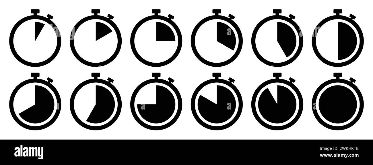 Icône du chronomètre réglée en noir. Symbole du chronomètre défini. Collection de l'icône de minuterie définie en noir sur fond blanc. Chronomètre à compte à rebours. Illustration de Vecteur