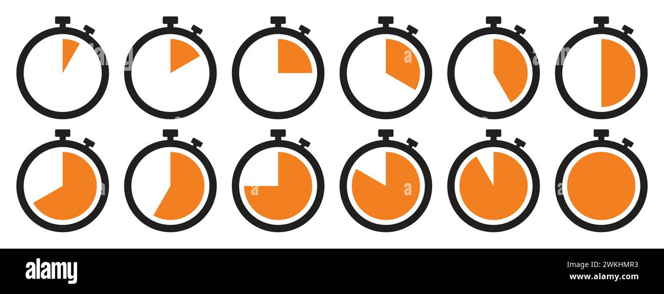 Icône du chronomètre définie en orange. Symbole du chronomètre défini. Collection de l'icône de minuterie définie en orange sur fond blanc. Chronomètre à compte à rebours. Illustration de Vecteur