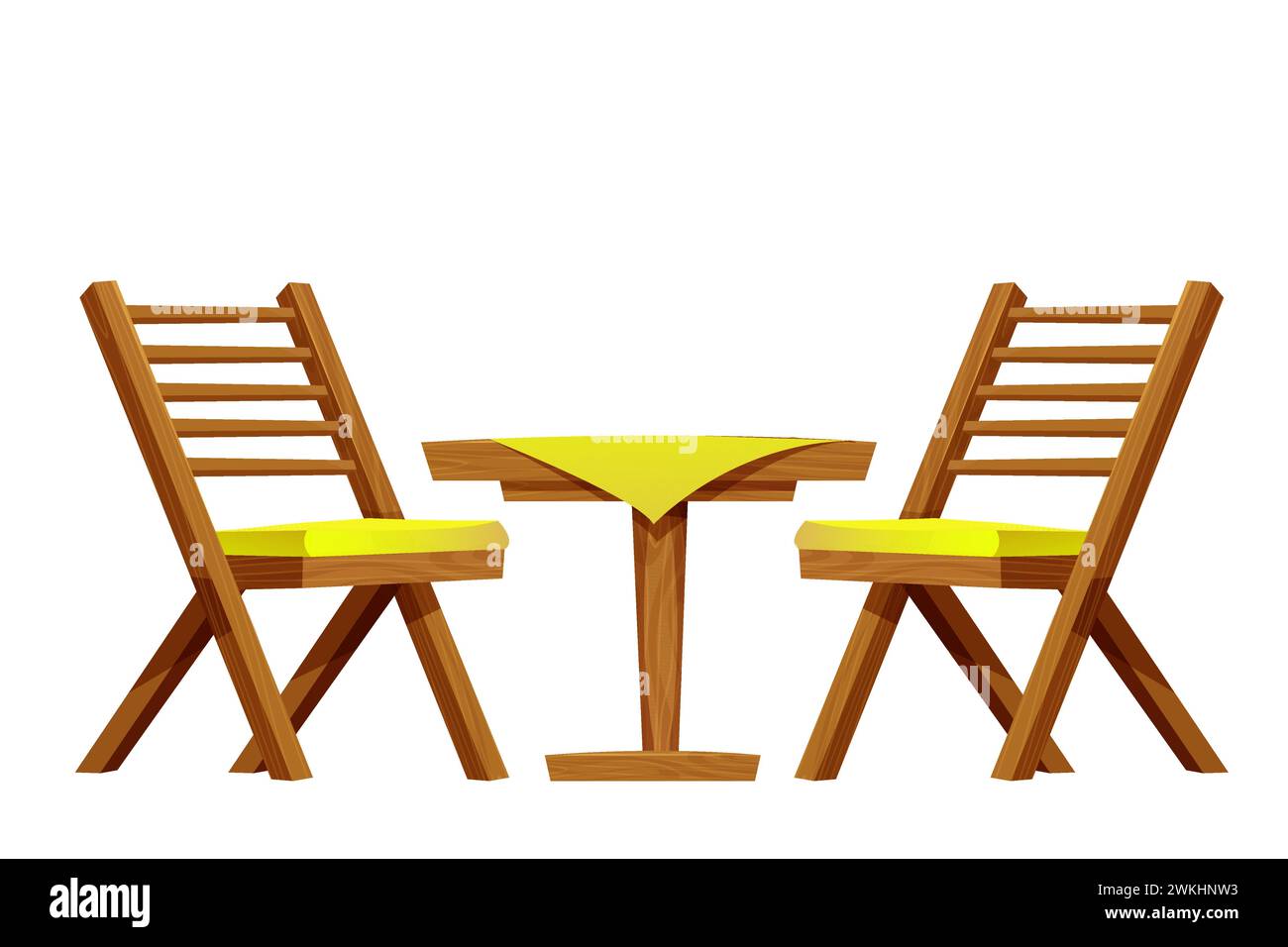 Table de pique-nique avec chaise set meubles en bois, bureau en bois avec pied et nappe, construction rustique isolé sur fond blanc. Table basse texturée en bois comique. Illustration vectorielle Illustration de Vecteur