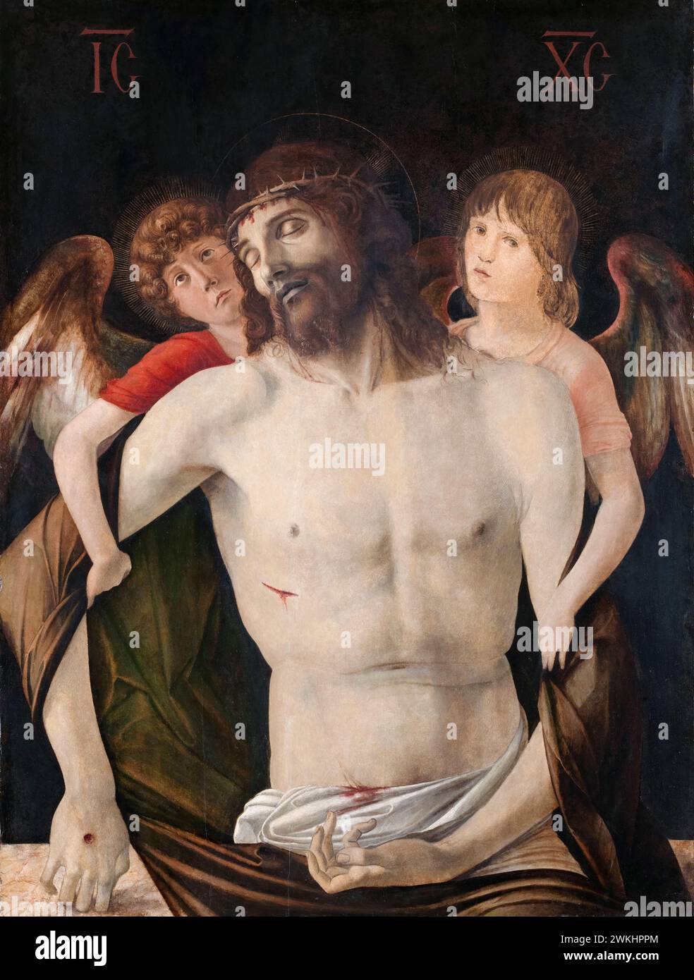 Giovanni Bellini, le Christ mort soutenu par deux Anges, peinture à l'huile sur bois, 1465-1470 Banque D'Images