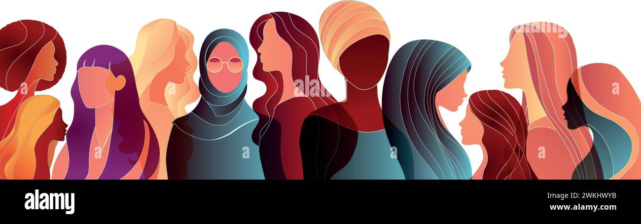 Silhouette de groupe de femmes multiculturelles. Journée internationale de la femme. Égalité diversité - inclusion - ou concept d'autonomisation. Anti-racisme. Bannière Illustration de Vecteur