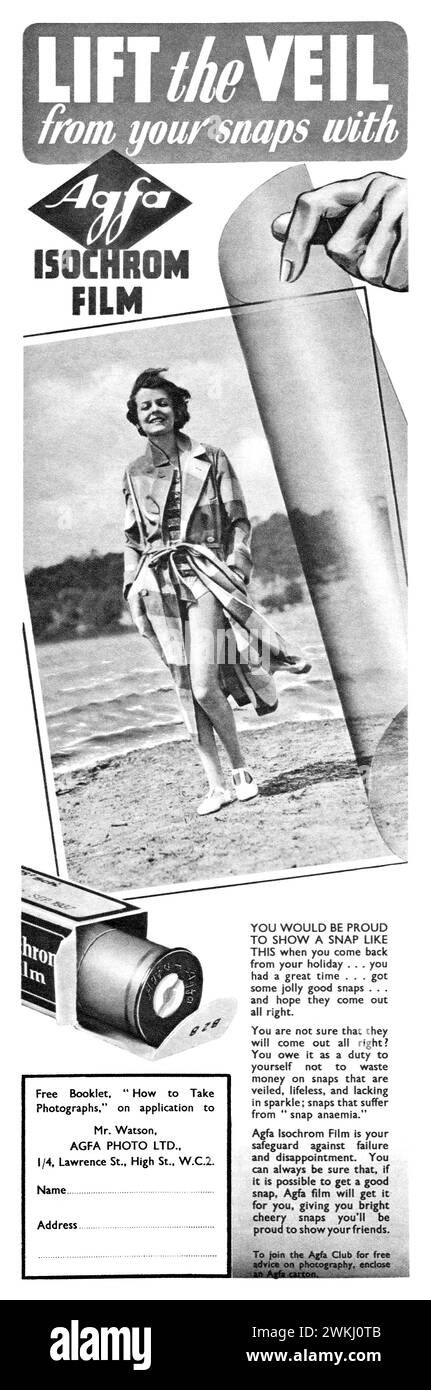 Publicité britannique 1937 pour le film en rouleau Agfa Isochrom. Banque D'Images