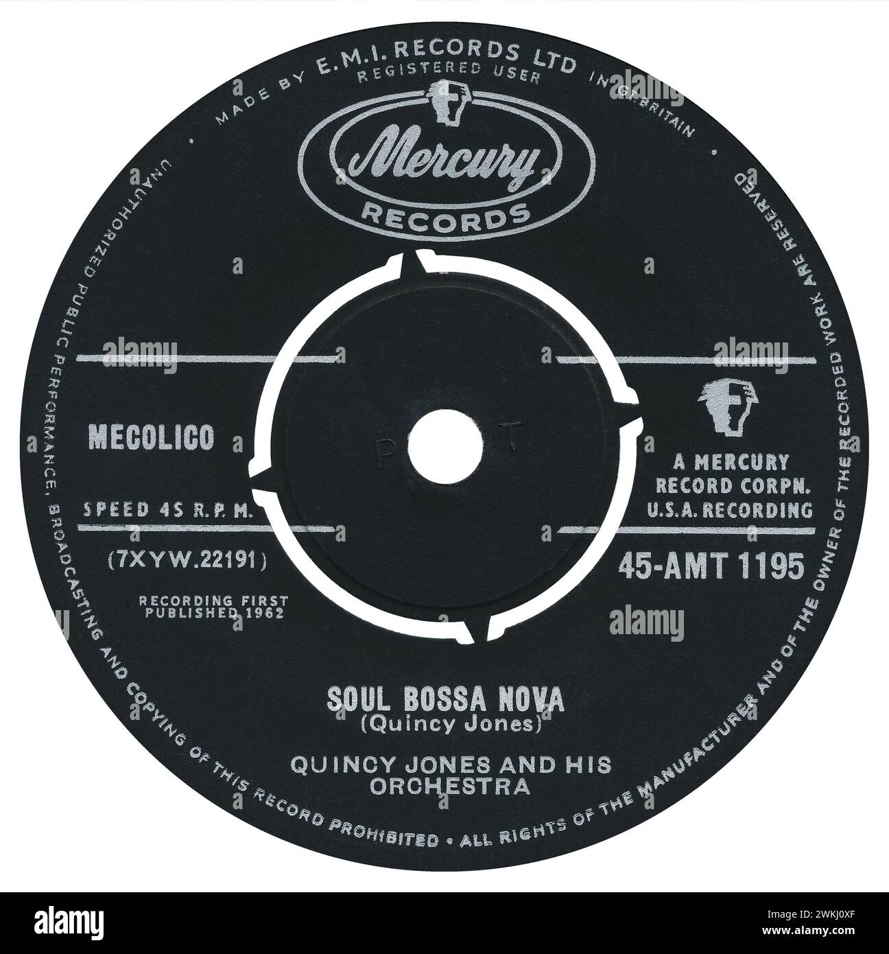 45 RPM 7' UK label de Soul Bossa Nova par Quincy Jones et son Orchestra sur le label Mercury à partir de décembre 1962. Écrit par Quincy Jones. La tête de flûte distinctive est de Roland Kirk. Banque D'Images