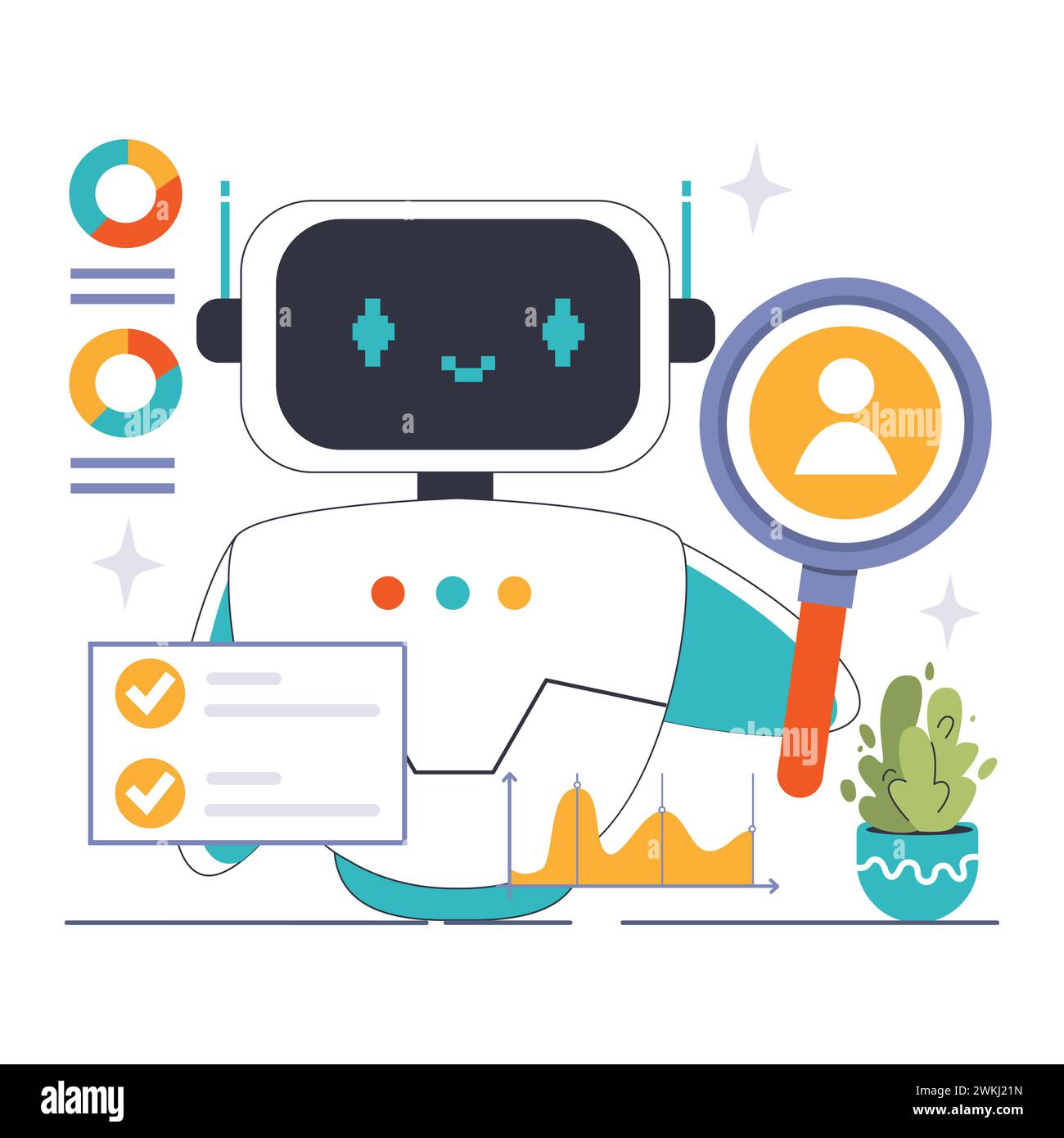 Concept de personnalisation. Chatbot utilise l’analytique et la loupe pour personnaliser les expériences utilisateur, garantissant ainsi des interactions ciblées. Plonger profondément dans les profils et préférences des clients. Illustration vectorielle plate. Illustration de Vecteur