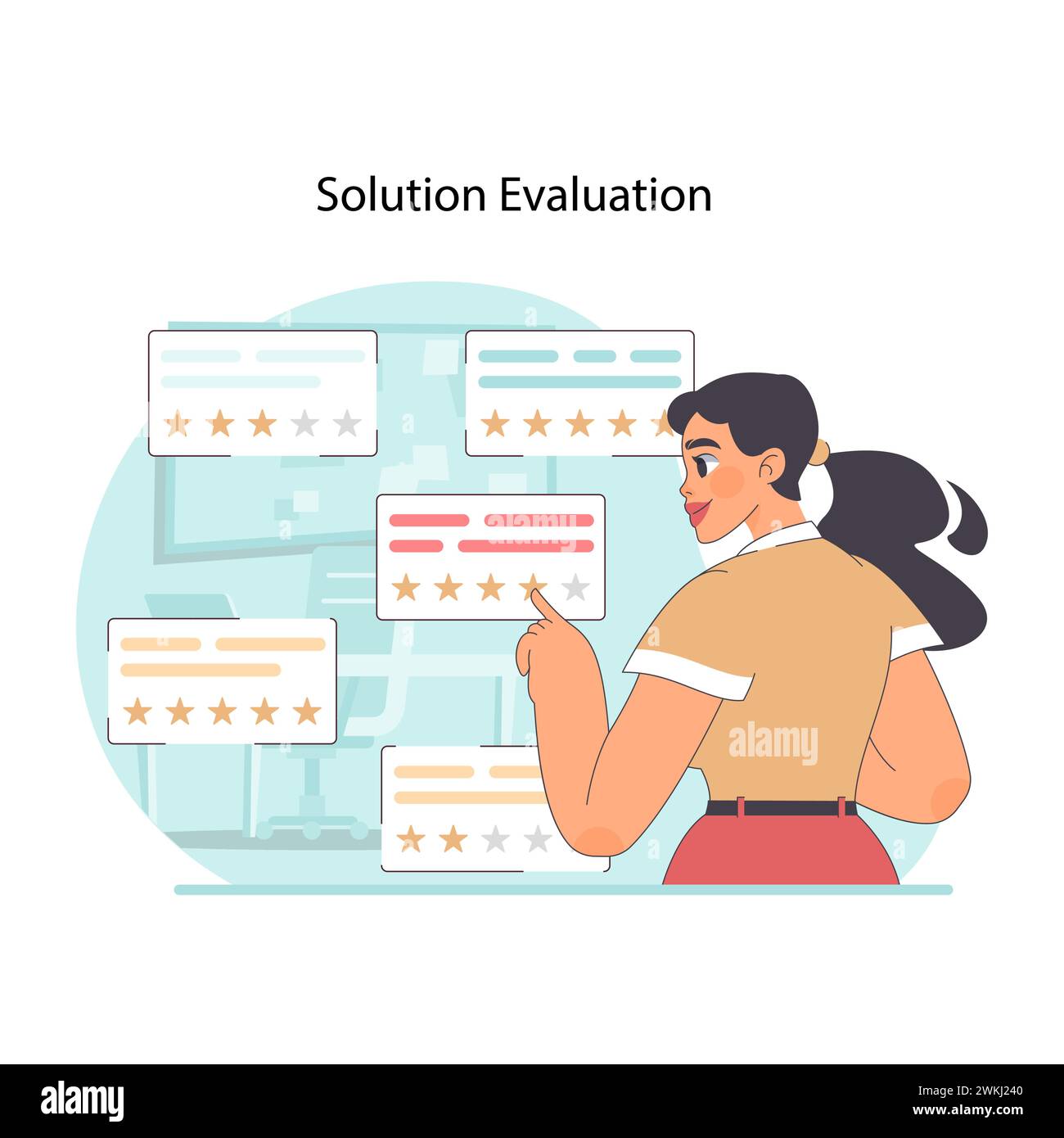 Concept d'évaluation de solution. Femme observant les propositions aux questions. Examen critique et évaluation des stratégies proposées. Évaluation analytique dans la résolution de problèmes. Illustration vectorielle plate Illustration de Vecteur