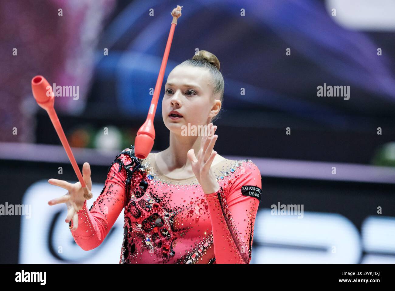 Chieti, Italie. 17 février 2024. Sasha Mukhina de l'équipe San Giorgio 79 Desio concourt avec les clubs au premier tour de la saison régulière de l'IT Banque D'Images