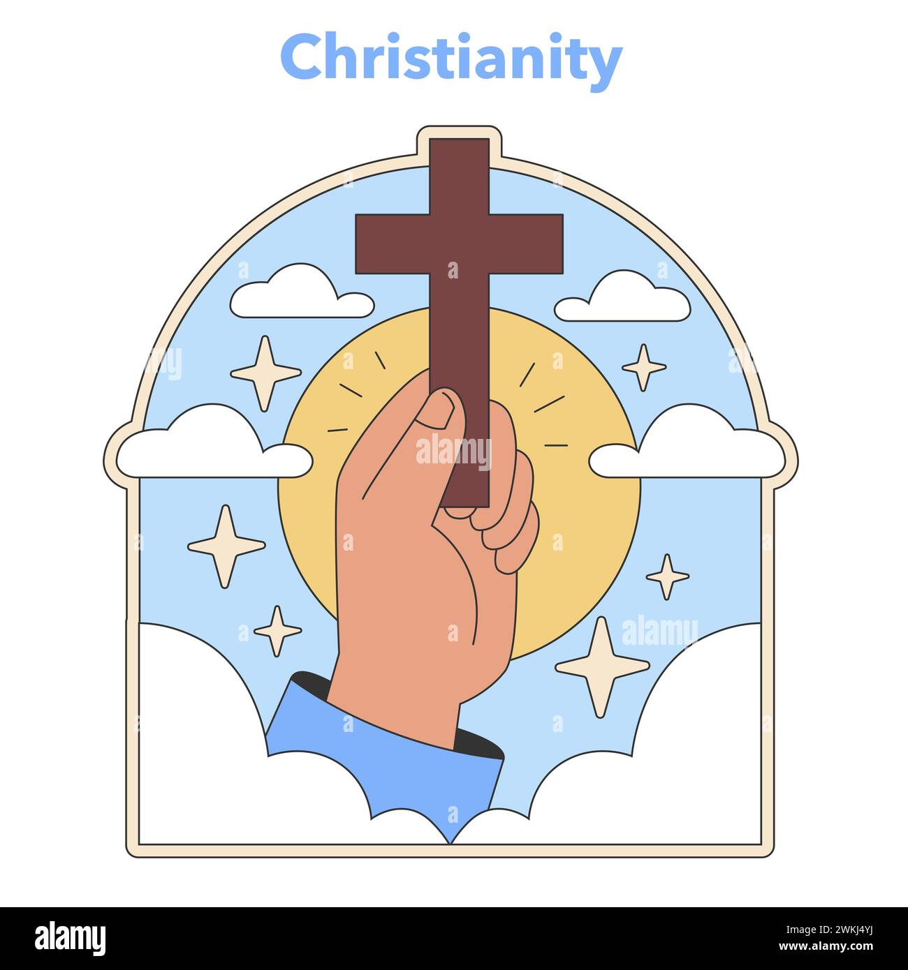 Emblème du christianisme. Main tenant la croix sur un fond céleste, symbolisant la foi et la dévotion. Emblématique de la croyance religieuse et de la spiritualité. Illustration vectorielle plate. Illustration de Vecteur