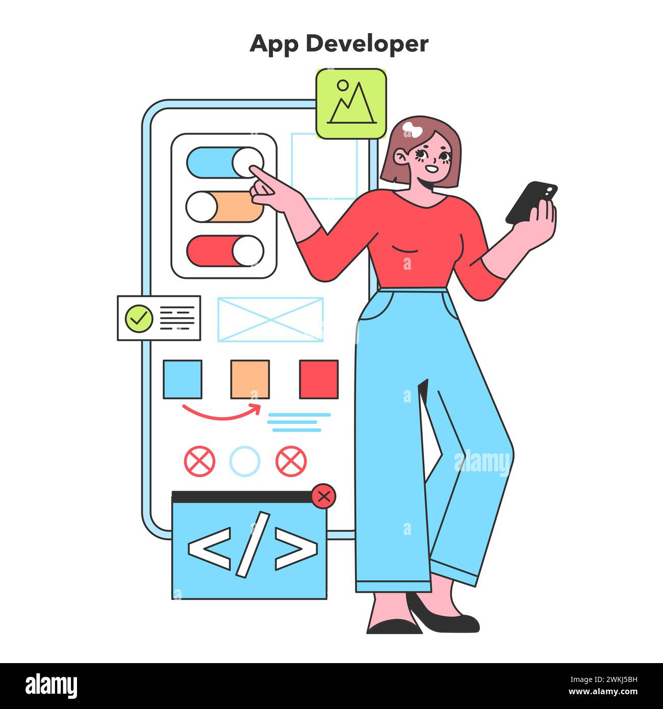 Un développeur d'applications puise dans la technologie pour créer des applications mobiles engageantes, mettant en valeur l'esprit innovant du développement logiciel à l'ère numérique. Illustration de Vecteur