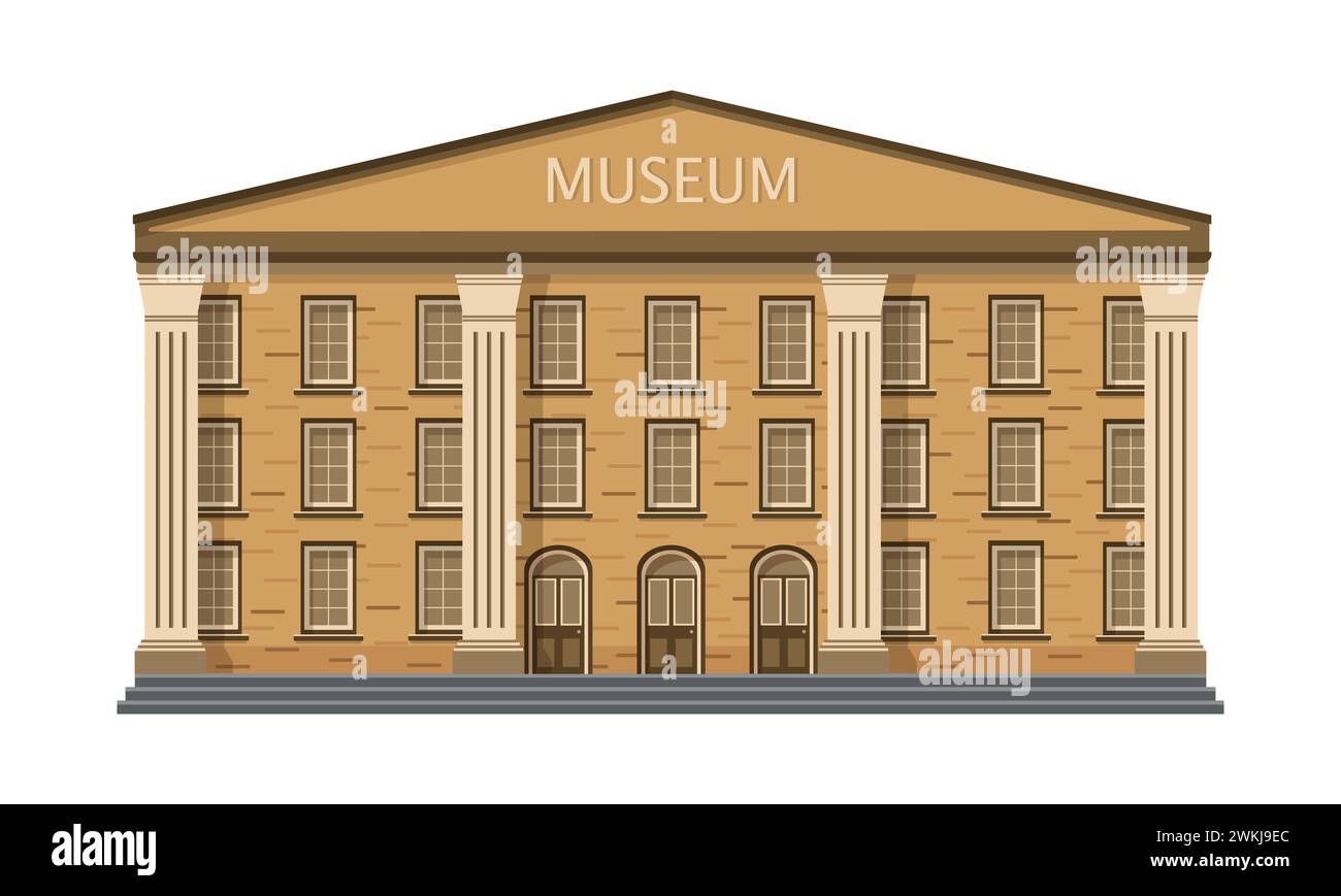 Musée bâtiment de ville avec titre et colonnes. Isolé sur fond blanc. Style plat, illustration vectorielle. Banque D'Images