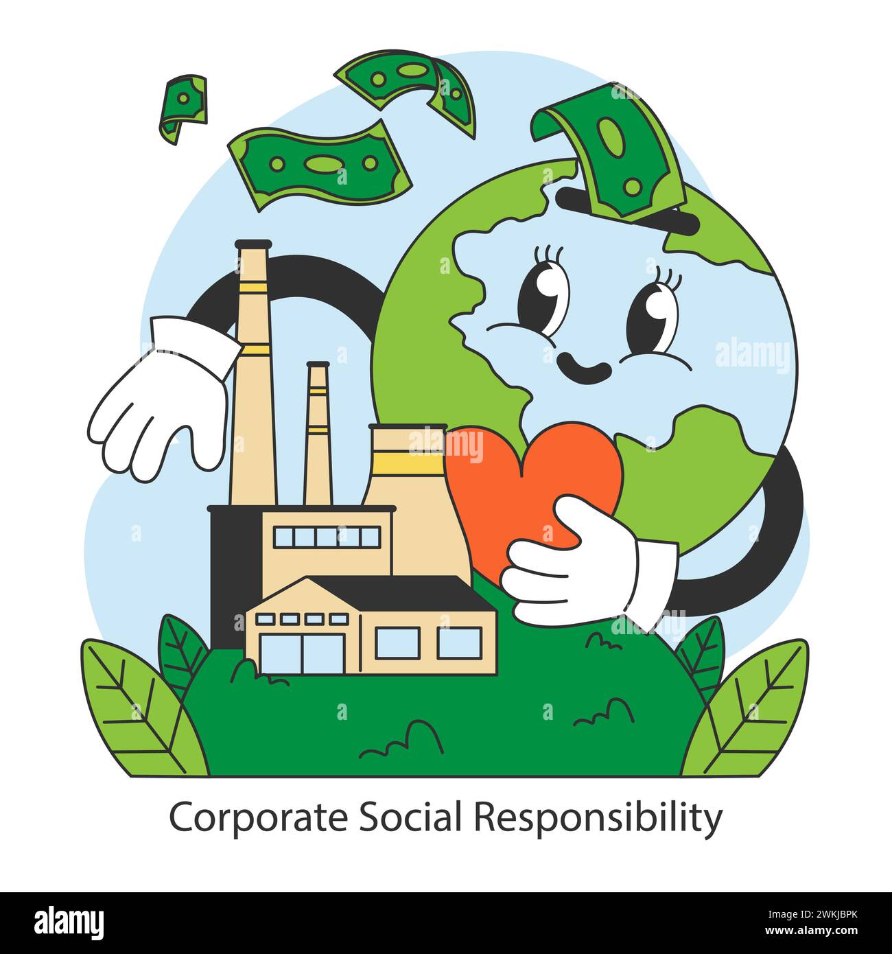 Concept de responsabilité sociale d'entreprise. Comprend un globe soucieux de l'environnement et de la croissance économique. Souligne l'éthique commerciale et la durabilité. Illustration vectorielle plate. Illustration de Vecteur