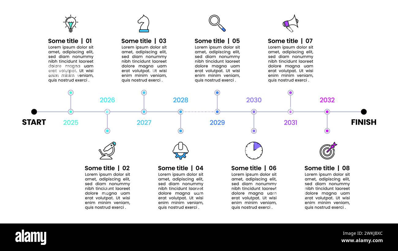 Modèle d'infographie avec icônes et 8 options ou étapes. Chronologie. Peut être utilisé pour la mise en page de flux de travail, le diagramme, la bannière, la conception Web. Illustration vectorielle Illustration de Vecteur