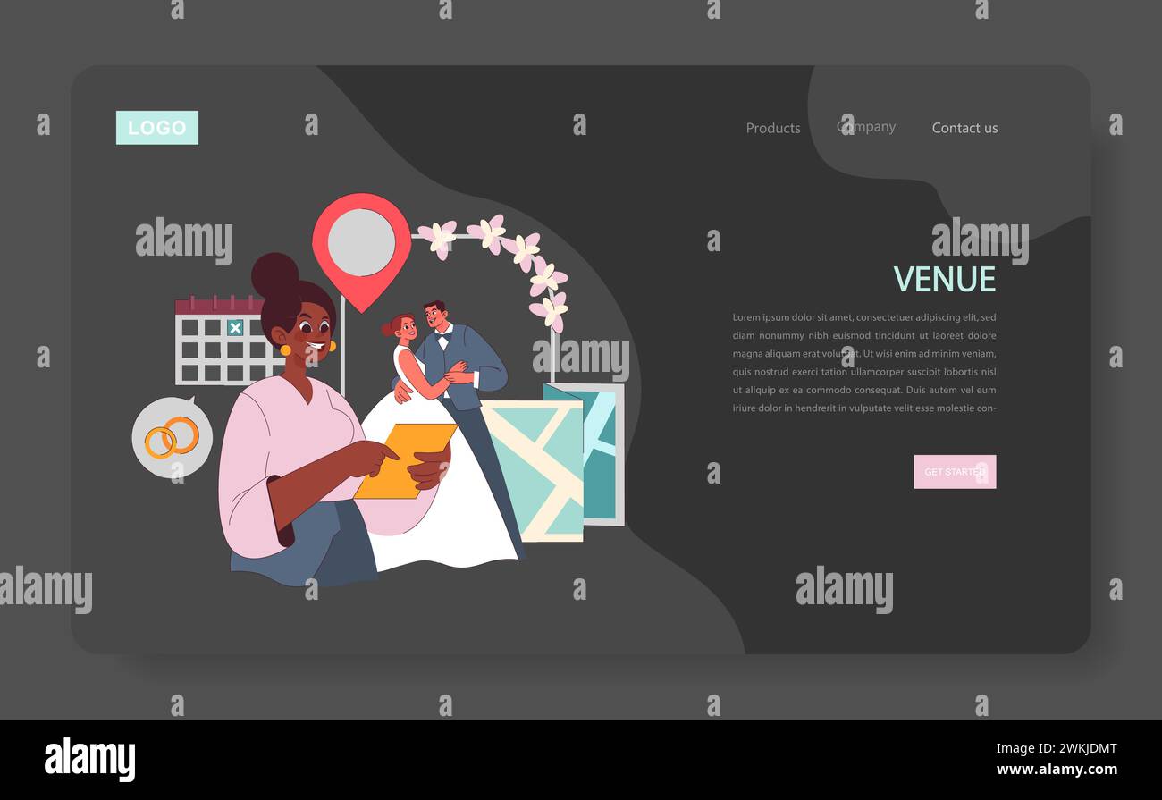 Concept de lieu. Un planificateur joyeux cartographie les détails du mariage avec une épingle de lieu, un calendrier et un couple dans la toile de fond. Finaliser les dates et les lieux devient un jeu d'enfant. Illustration vectorielle plate. Illustration de Vecteur