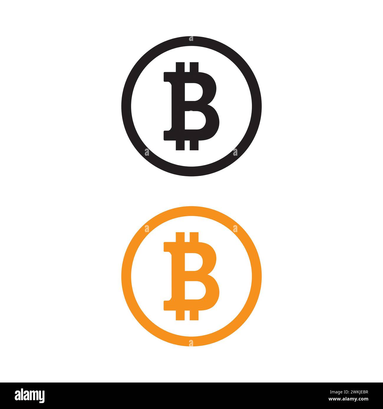 Pièces bitcoin noir et orange sur fond blanc Banque D'Images