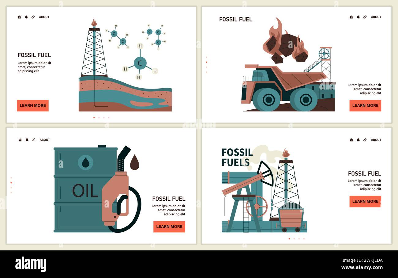 Bande de combustible fossile ou ensemble d'atterrissage. L'extraction des ressources fossiles et son impact sur le changement climatique. Dépendance à l'égard des sources d'énergie non renouvelables. Épuisement des matières premières terrestres. Illustration vectorielle plate Illustration de Vecteur