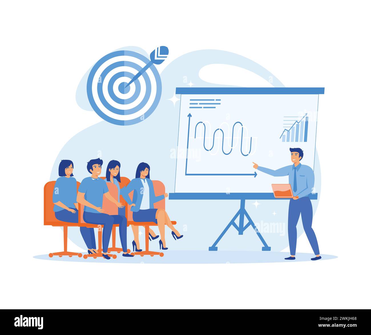 Les conférenciers des séminaires d'affaires animent des présentations professionnelles et des formations sur le marketing, les ventes et le commerce électronique. illustration moderne vectorielle plate Illustration de Vecteur