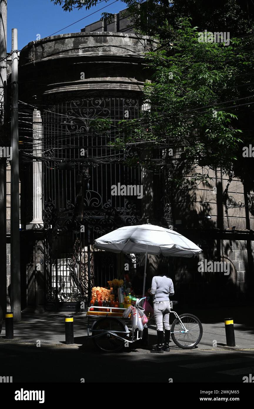 StrassenhŠndler und Kundin an einer Ecke im Stadtteil Roma, Mexiko Stadt Banque D'Images