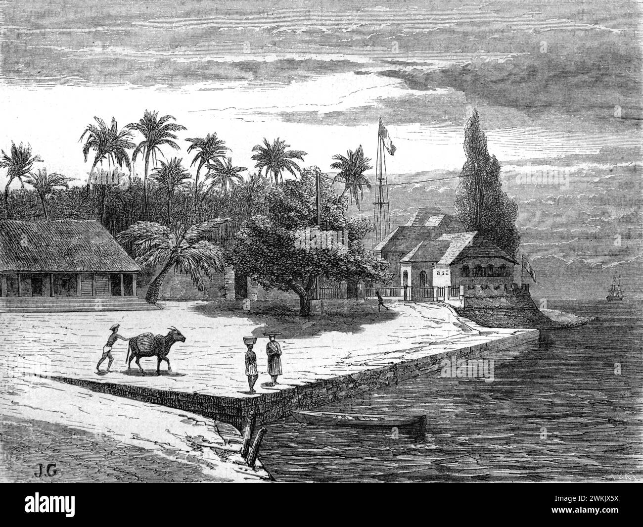 Vue anticipée du quai ou du quai à Mahé ou Mayyazhi, sur la rivière Mahé, Puducherry, Côte Malabar, Kerala Inde. Gravure vintage ou historique ou illustration 1863 Banque D'Images