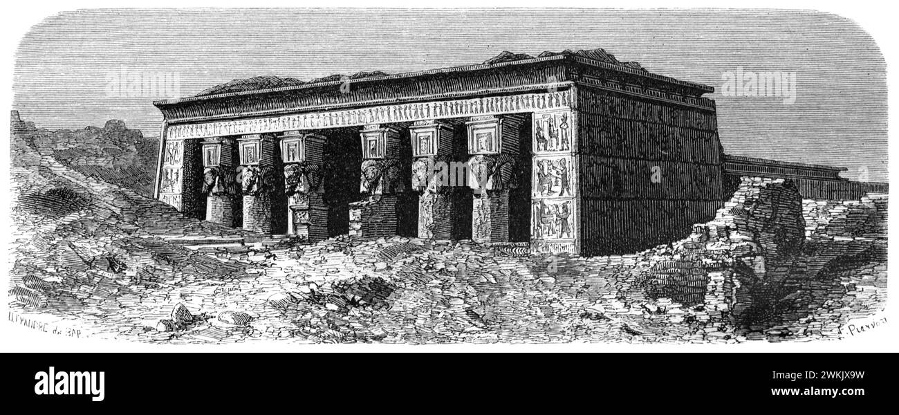 Temple de Hathor, fondé en 54 av. J.-C., dans le complexe du temple de Dendera, en haute-Égypte. Gravure vintage ou historique ou illustration 1863 Banque D'Images