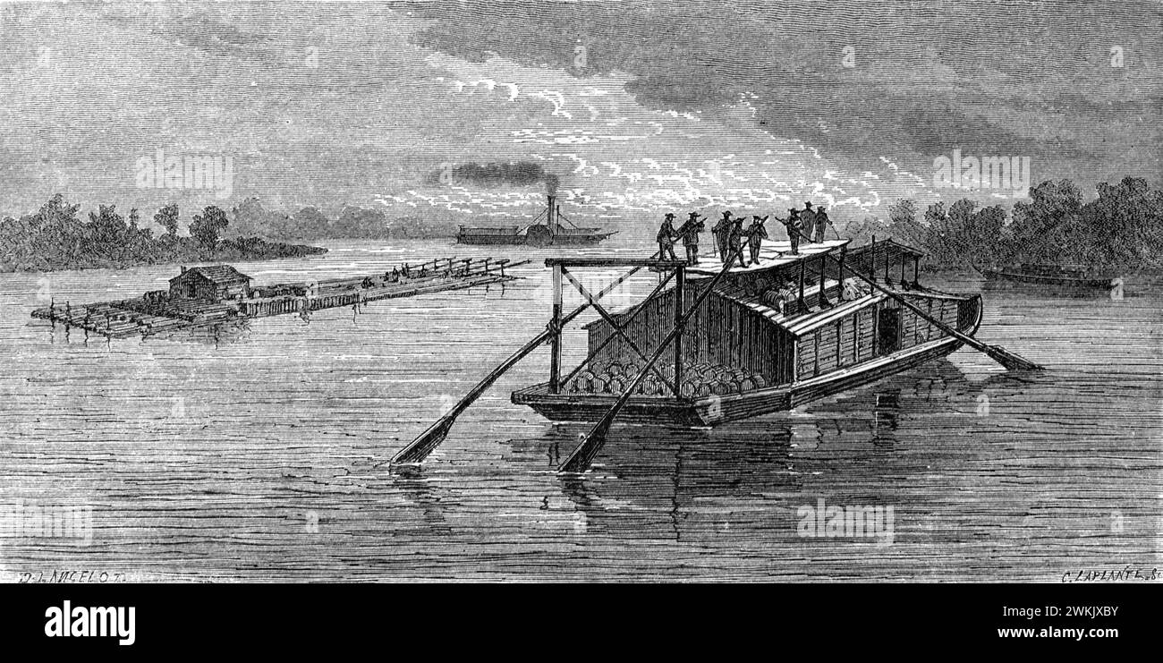 Grumes, radeau de grumes, radeau de grumes ou bateaux sur le Danube. Gravure vintage ou historique ou illustration 1863 Banque D'Images