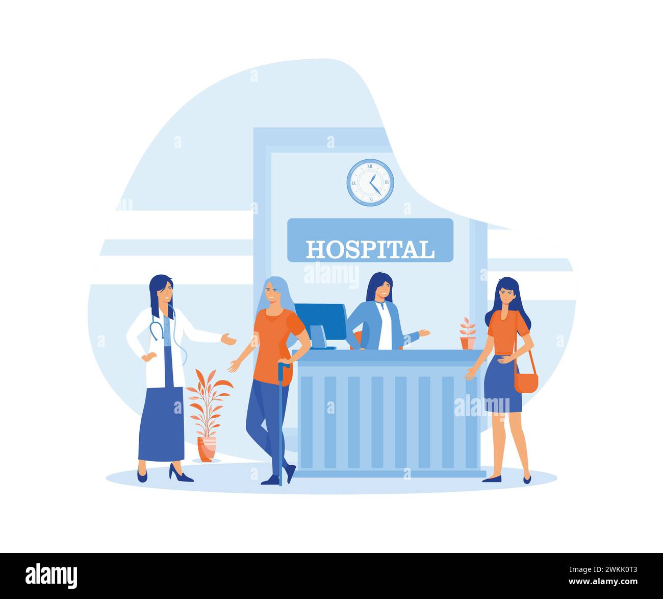 Accueil hospitalier bon travail dans la salle de la clinique pour aider, assister les patients. illustration moderne vectorielle plate Illustration de Vecteur