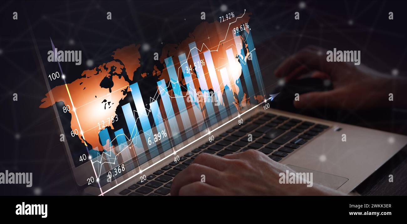 diagramme de financement des actions sur la carte du monde. bannière d'affaires boursières financières Banque D'Images