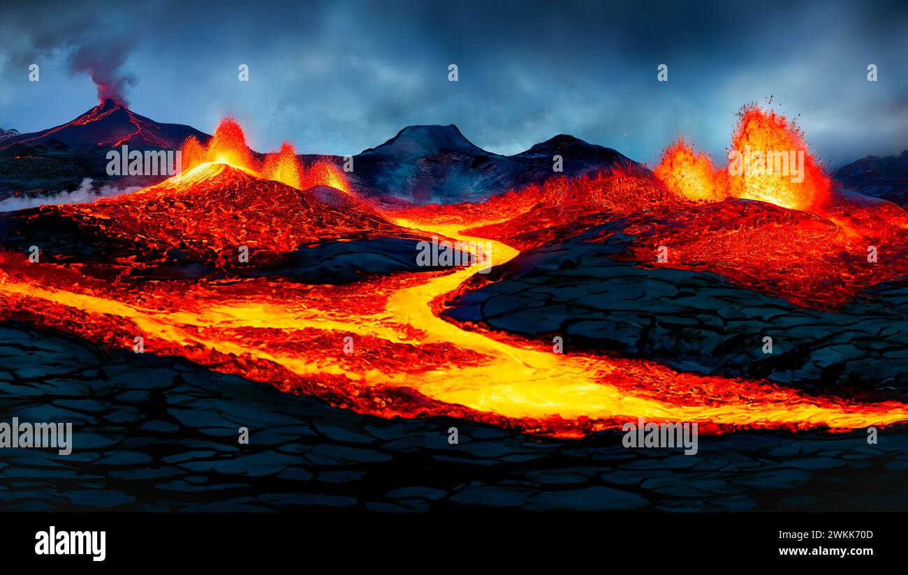 Éruption volcanique avec magma coulant et lave. Banque D'Images