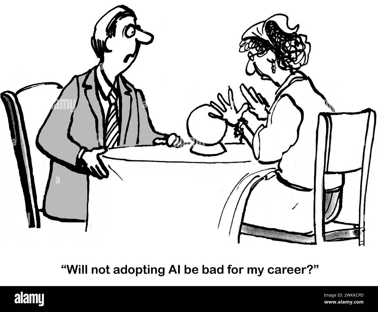 Bande dessinée BW d'un homme posant une question à un diseur de bonne fortune gitan. Il se demande si NE PAS adopter l’IA nuira à sa carrière. Banque D'Images