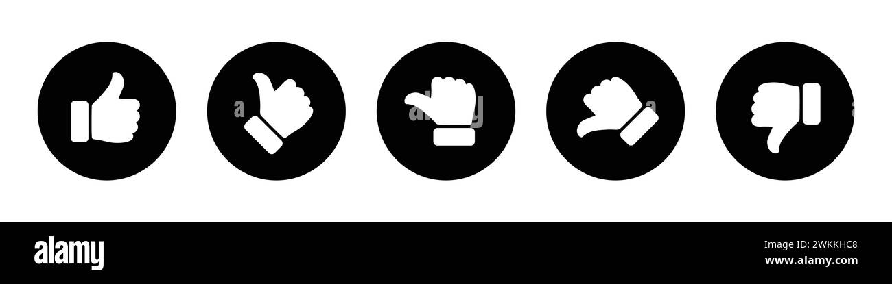 Échelle de notation et de commentaires avec symbole de pouce noir. Excellent, bon, moyen, médiocre, mauvais jeu d'icônes de pouce de notation. Satisfait, insatisfait et neutre. Illustration de Vecteur