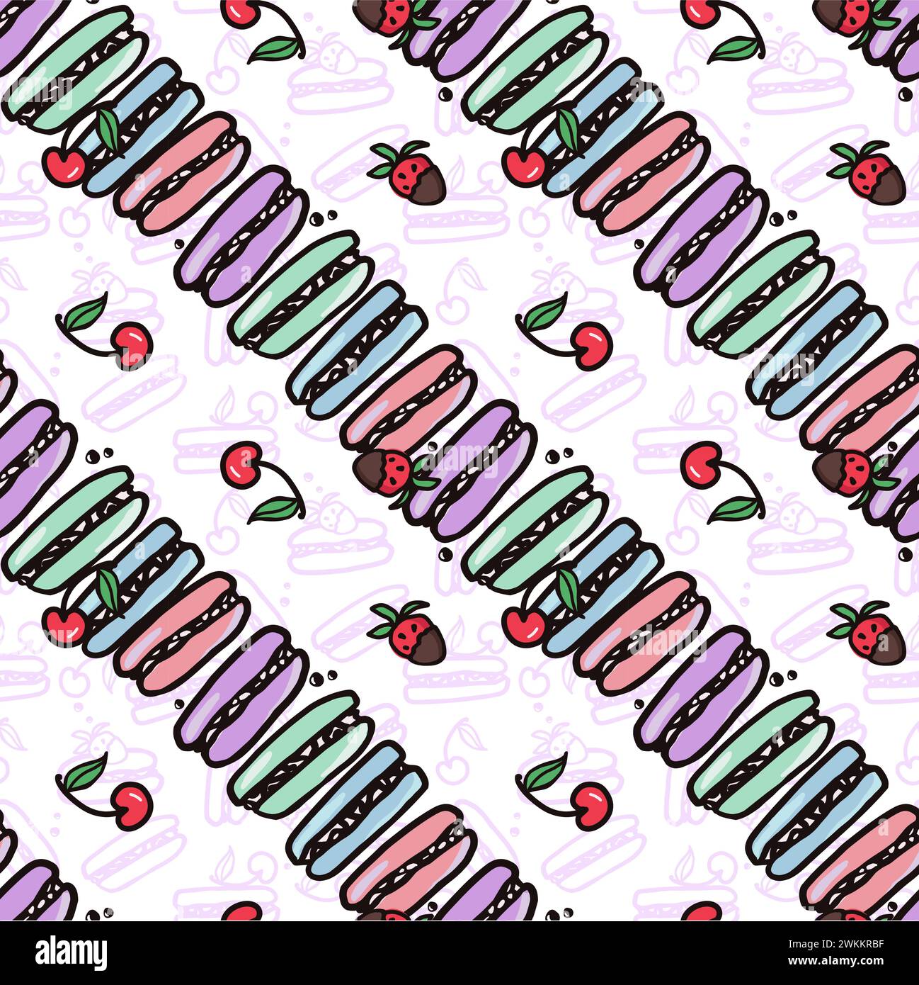 Motif sans couture cerise et fraise. Baies d'été, fruits avec des feuilles, fond vectoriel. Illustration de doodle dessinée à la main pour couverture, tissu, Illustration de Vecteur