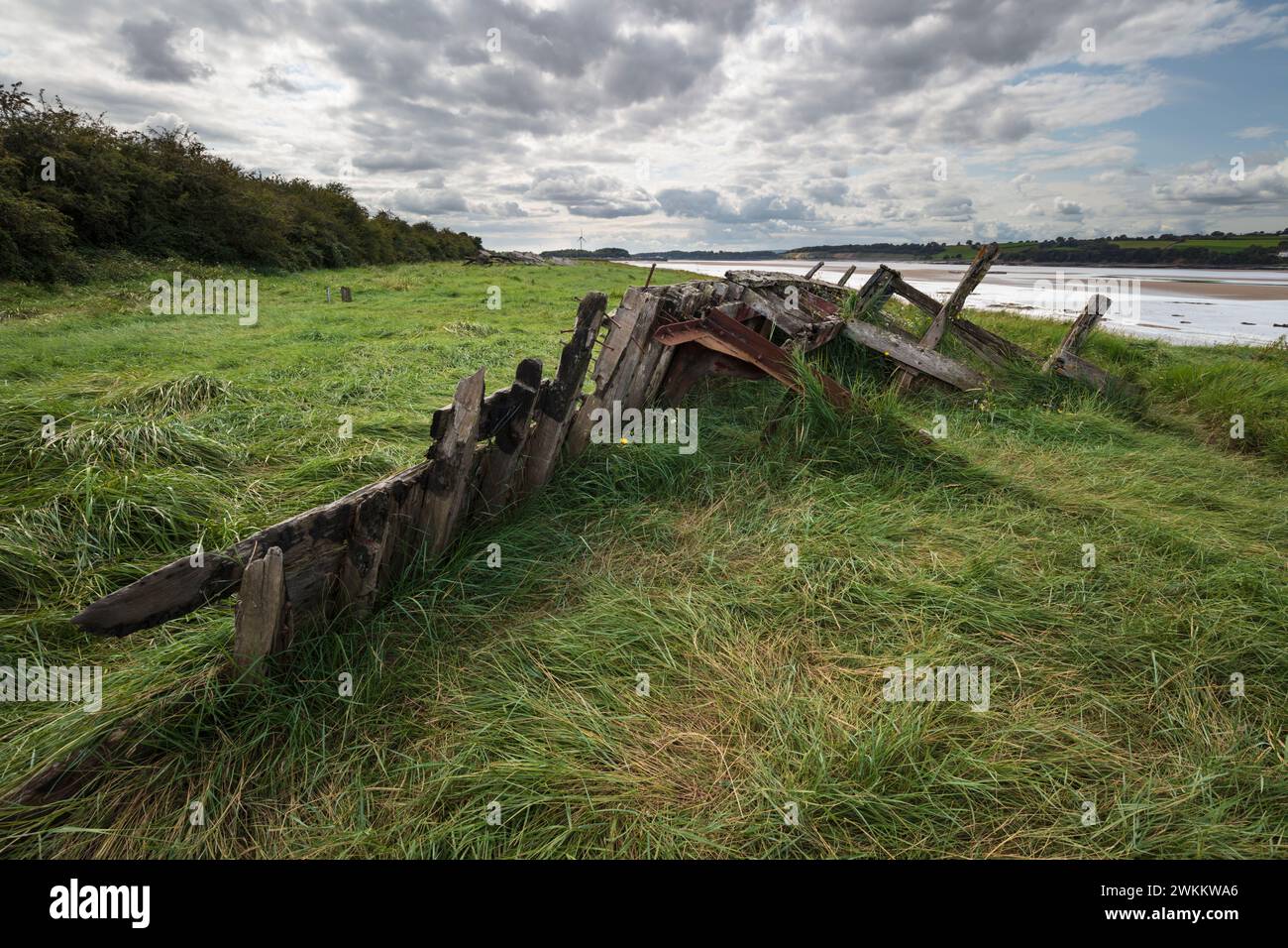 Coques en bois pourries de navires échouées sur les rives de la rivière Severn pour éviter l'érosion au cimetière Purton Ship, Purton, Gloucestershire, Royaume-Uni Banque D'Images